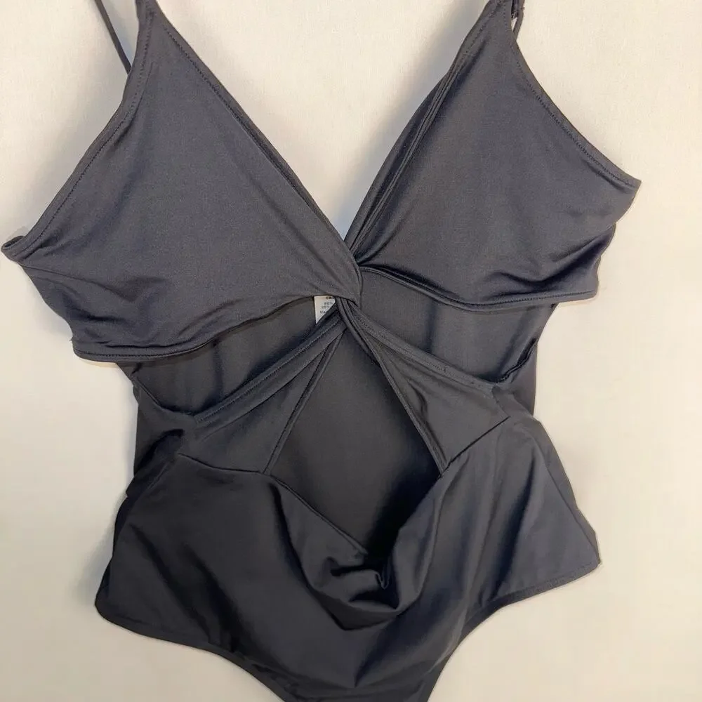 L Space Black Basic Criss Cross Twist One Piece Cut‎ Out Swimsuit Sz 12